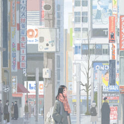 Rule 34 | absurdres, akihabara (tokyo), backpack, bag, bare tree, billboard, black hair, building, city, coat, day, hair ornament, hairclip, hand in pocket, hayashi naoyuki, highres, long hair, multiple others, original, outdoors, people, plaid, plaid scarf, real world location, road, scarf, scenery, sign, solo focus, street, tree, winter