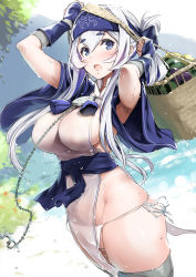 Rule 34 | 10s, 1girl, anchor, armpit peek, armpits, arms up, basket, blue eyes, breasts, chain, commentary, covered navel, dutch angle, folded ponytail, food, fruit, glint, hair between eyes, headband, highres, impossible clothes, japanese clothes, kamoi (kancolle), kantai collection, large breasts, looking at viewer, nylon (nylon 100%), obi, open mouth, outdoors, panties, pelvic curtain, sash, see-through, side-tie panties, sidelocks, silver hair, solo, string panties, thick eyebrows, thighhighs, underwear, water drop, watermelon, wet, wet clothes, white panties