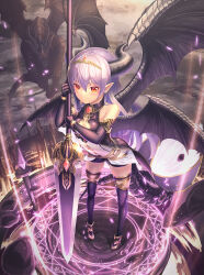 Rule 34 | 1girl, bare shoulders, black gloves, black thighhighs, breasts, cleavage, cloud, dark clouds, dragon, dragon girl, dragon horns, dragon tail, dragon wings, elbow gloves, expressionless, full body, gloves, highres, holding, holding weapon, horns, long hair, magic circle, medium breasts, multiple wings, original, pointy ears, purple hair, red eyes, solo, standing, suraimu (suraimuraimu), tail, thighhighs, weapon, wings