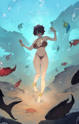 Rule 34 | 1girl, absurdres, animal, barefoot, bikini, bracelet, breasts, brown bikini, brown hair, bubble, closed mouth, commentary, fish, full body, goggles, highres, jewelry, large breasts, legs, navel, original, rou (rou22), short hair, smile, solo, standing, standing on one leg, swimsuit, thighs, underwater