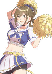 Rule 34 | 1girl, absurdres, ahoge, arm up, belt, bike shorts, blue ribbon, blush, breasts, brown eyes, brown hair, cheerleader, choker, cleavage, collarbone, cropped jacket, eitopondo, hair ribbon, highres, holding, holding pom poms, idolmaster, idolmaster shiny colors, kuwayama chiyuki, large breasts, long hair, looking at viewer, midriff, navel, open mouth, pleated skirt, pom pom (cheerleading), pom poms, ponytail, ribbon, short sleeves, simple background, skirt, smile, solo, white background, yellow belt