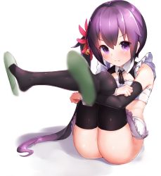 Rule 34 | 10s, 1girl, akebono (kancolle), alternate costume, apron, arms holding thighs, ass, bell, bikini, black thighhighs, blush, boruhis, bottomless, flower, hair bell, hair flower, hair ornament, kantai collection, looking at viewer, maid, maid apron, maid bikini, purple eyes, purple hair, side ponytail, simple background, sitting, sleeveless, slippers, solo, strapless, swimsuit, thighhighs, tube top, unconventional maid, white background