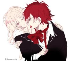 Rule 34 | 10s, 1boy, 1girl, blonde hair, blood, blush, bowtie, closed mouth, curly hair, diabolik lovers, flat color, half-closed eyes, hand on another&#039;s shoulder, hetero, hug, jacket, kiri (qoo), komori yui, licking, loose clothes, necktie, one eye closed, open mouth, petite, profile, red hair, sakamaki ayato, school uniform, simple background, tongue, tongue out, twitter username, unbuttoned, uniform, upper body, vampire, white background