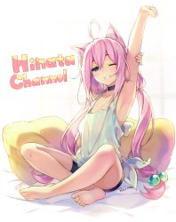 Rule 34 | 1girl, ahoge, animal ear fluff, animal ears, arm up, barefoot, bike shorts, blue eyes, cat ears, choker, collarbone, copyright name, dated, flat chest, hair between eyes, hair bobbles, hair ornament, highres, hinata channel, indian style, long hair, looking at viewer, low twintails, nekomiya hinata, one eye closed, parted lips, pillow, pink hair, riv (rivleaf), shorts, signature, sitting, solo, stretched limb, tank top, tears, toes, twintails, virtual youtuber