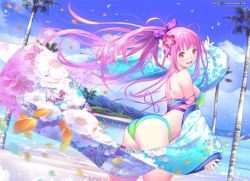 Rule 34 | 1girl, ahoge, animal, aqua bikini, arched back, arm ribbon, arm up, ass, bare shoulders, beach, bikini, bird, blue sky, blush, bow, cowboy shot, day, detached sleeves, dutch angle, female focus, floral print, flower, from side, green bikini, hair bow, hair flower, hair ornament, happy, hibiscus, high ponytail, japanese clothes, leaning forward, long hair, long sleeves, looking at viewer, looking back, mana kakkowarai, motion blur, multicolored bikini, multicolored clothes, ocean, open mouth, orange eyes, original, outdoors, palm tree, petals, pink flower, pink hair, ponytail, print bow, red eyes, ribbon, seagull, sidelocks, sky, smile, solo, swimsuit, tree, very long hair, water, watermark, web address, white flower, wide sleeves, wind