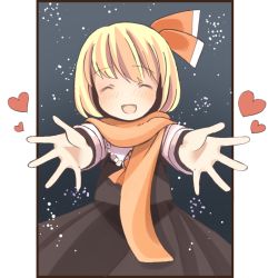 Rule 34 | 1girl, :d, ^ ^, bad id, bad pixiv id, closed eyes, closed eyes, heart, incoming hug, maroinu, open mouth, orange scarf, outstretched arms, rumia, scarf, smile, snow, solo, touhou