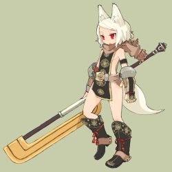 Rule 34 | 1girl, animal ears, axe, belt, boots, bottomless, fantasy, fox ears, fox tail, gauntlets, huge weapon, mota, naked tabard, no panties, original, petite, red eyes, scarf, solo, tabard, tail, weapon, white hair
