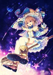 Rule 34 | 1girl, :d, aura, bad id, bad pixiv id, bloomers, blue gemstone, boots, breasts, brooch, broom, broom riding, brown eyes, cape, detached sleeves, dress, fingerless gloves, from below, gem, gloves, hand on headwear, hat, hat ribbon, highres, jewelry, light brown hair, looking at viewer, nebula, open mouth, original, peke (xpeke pekex), petticoat, planet, ribbon, short hair, sidesaddle, small breasts, smile, solo, space, star (sky), star (symbol), strapless, strapless dress, thigh strap, thighhighs, underwear, wand, witch hat