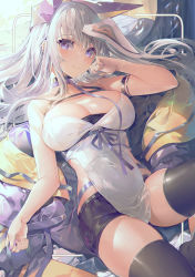 Rule 34 | 1girl, absurdres, akizone, arm strap, bare shoulders, black choker, black shorts, black thighhighs, breasts, choker, cleavage, hair ornament, hat, highres, huge filesize, large breasts, long hair, looking at viewer, lying, nail polish, off shoulder, on back, original, purple eyes, revealing clothes, shirt, short shorts, shorts, sideless outfit, skindentation, smile, solo, thighhighs, thighs, white hair, white shirt, zonea (akizone)