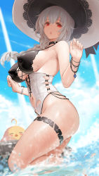Rule 34 | 1girl, alternate costume, azur lane, bare shoulders, black choker, blue sky, blush, braid, breasts, choker, clothing cutout, cloud, covered erect nipples, day, dishwasher1910, closed eyes, gluteal fold, grey hair, hair between eyes, hair ornament, hat, highres, in water, large breasts, long hair, looking at viewer, manjuu (azur lane), mole, mole on breast, navel, navel cutout, one-piece swimsuit, open mouth, outdoors, red eyes, saint-louis (azur lane), santa hat, sky, smile, swimsuit, wading, water
