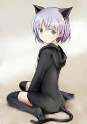 Rule 34 | 1girl, animal ears, between legs, black thighhighs, brown background, cat ears, cat tail, colored eyelashes, from side, green eyes, hand between legs, hood, hoodie, long sleeves, looking back, nannacy7, pink hair, sanya v. litvyak, short hair, simple background, sitting, smile, solo, strike witches, tail, thighhighs, wariza, world witches series, zettai ryouiki