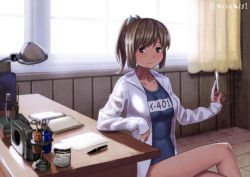 Rule 34 | 10s, 1girl, alternate costume, breasts, brown eyes, brown hair, character name, desk, desk lamp, hair between eyes, i-401 (kancolle), indoors, kantai collection, lab coat, lamp, crossed legs, looking at viewer, misumi (niku-kyu), name tag, one-piece swimsuit, scalpel, school swimsuit, short ponytail, small breasts, smile, solo, swimsuit, twitter username, window, wooden floor, wooden wall