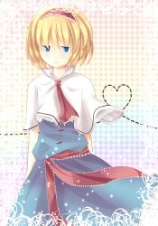 Rule 34 | 1girl, alice margatroid, bad id, bad pixiv id, blonde hair, blue dress, blue eyes, blush, capelet, conesa, dress, female focus, hairband, heart, heart of string, highres, looking at viewer, pout, sash, short hair, solo, touhou, wind