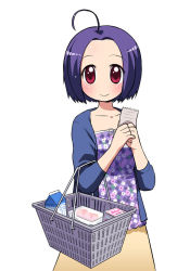 Rule 34 | 10s, ahoge, basket, blue hair, groceries, idolmaster, idolmaster (classic), idolmaster 2, joey hanma, miura azusa, paper, print shirt, red eyes, shirt, shopping, short hair, simple background, solo, white background