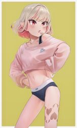 Rule 34 | 1girl, blonde hair, blush, border, canti, crop top, fang, highres, leg tattoo, makaino ririmu, multicolored hair, navel, nijisanji, no pants, open mouth, pointy ears, red eyes, red hair, sabamen, short hair, simple background, skin fang, solo, streaked hair, tattoo, two-tone hair, underwear, virtual youtuber, white border, yellow background