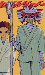 Rule 34 | 1boy, 1girl, ahoge, alternate costume, babibu baby, bandaged head, bandages, black eyes, blurry, brown hair, chromatic aberration, closed mouth, cowboy shot, depth of field, drill hair, film grain, green pants, hand up, highres, holding, hospital gown, iv stand, kasane teto, looking at another, messy hair, pants, red hair, short hair, side-by-side, signature, simple background, song name, standing, twin drills, ultra trailer (synthesizer v), utau, yellow background