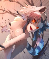 Rule 34 | 1girl, :d, absurdres, akuma (st.takuma), animal ear fluff, animal ears, black hair, breasts, collarbone, commentary, common raccoon (kemono friends), convenient censoring, extra ears, fang, glowing, glowing eyes, grey hair, highres, kemono friends, looking at viewer, multicolored hair, nude, open mouth, orange eyes, raccoon ears, raccoon girl, raccoon tail, shaded face, short hair, small breasts, smile, solo, striped tail, tail, thigh gap, white hair