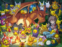Rule 34 | 1boy, animal, animal on back, ash ketchum, ash ketchum (cosplay), backpack, bag, bellsprout, bottle, brown hair, burmy, burmy (plant), cameo, charizard, closed eyes, clothed pokemon, cosplay, creatures (company), denim, diancie, diancie (cosplay), eevee, ekans, ekans (cosplay), flame-tipped tail, flower, flower necklace, game freak, gem, gen 1 pokemon, gen 2 pokemon, gen 3 pokemon, gen 4 pokemon, gen 6 pokemon, gengar, goomy, gyarados, gyarados (cosplay), hand on own chin, happy, hat, head wreath, holding, holding needle, jeans, jewelry, latias, latios, legendary pokemon, lei, magikarp, mawile, mega latias, mega latias (cosplay), mega latios, mega latios (cosplay), mega mawile, mega mawile (cosplay), mega pokemon, mega sableye, mega sableye (cosplay), mega slowbro, mega slowbro (cosplay), mythical pokemon, necklace, needle, nintendo, outdoors, pants, pikachu, pokemoa, pokemon, pokemon (anime), pokemon (classic anime), pokemon ep042, pokemon frlg, red (pokemon), revision, sableye, sewing, skirt, slowbro, slowking, snorlax, tail, tree, zipper