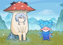 1girl alternate_form animalization blue_hair earrings floppy_ears fox ganyu_(genshin_impact) genshin_impact goat_horns horns jewelry mihoyo mushroom mushroom_costume pink_fur sea_ganoderma xinzoruo yae_miko yae_miko_(fox)