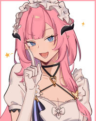 Rule 34 | 1girl, absurdres, black choker, blue eyes, border, breasts, butterfly hair ornament, choker, cleavage, elbow gloves, elf, elysia (honkai impact), elysia (miss pink elf) (honkai impact), fake horns, gloves, hair between eyes, hair ornament, heart pendant, highres, honkai (series), honkai impact 3rd, horns, long hair, looking at viewer, lower teeth only, maid, maid headdress, open mouth, pink border, pink hair, pink pupils, pointing, pointing up, pointy ears, puffy short sleeves, puffy sleeves, rena ( rrena), short sleeves, solo, star (symbol), teeth, upper body, white background, white gloves