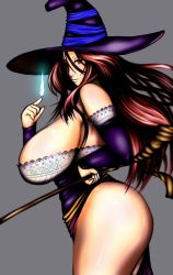 Rule 34 | 1girl, bare shoulders, breasts, cleavage, cretin, curvy, detached sleeves, dragon&#039;s crown, dress, female focus, fire, hat, highres, huge breasts, long hair, magic, profile, red eyes, red hair, simple background, solo, sorceress (dragon&#039;s crown), staff, standing, strapless, strapless dress, vanillaware, weapon, witch, witch hat