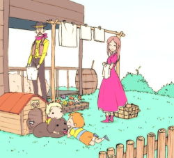 Rule 34 | 1girl, 3boys, ^ ^, bad id, bad pixiv id, barrel, basket, blonde hair, bone, brown hair, bush, child, claus (mother 3), closed eyes, cowboy, cowboy hat, cowboy western, dog, doghouse, dress, closed eyes, facial hair, family, fence, flint (mother 3), flower, flower bed, grass, hat, hinawa, laundry, lucas (mother 3), mother (game), mother 3, multiple boys, mustache, nintendo, orange hair, pink dress, sasa (:disposition), solid circle eyes, vest, western