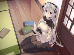 Rule 34 | 1girl, black eyes, black pantyhose, book, boots, collarbone, from above, horizon ariadust, ike masato, kyoukaisenjou no horizon, long hair, looking at viewer, looking up, pantyhose, seiza, silver hair, sitting, solo, tatami, thigh boots, thighhighs