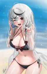 Rule 34 | 1girl, ;d, ahoge, bikini, black bikini, bottle, braid, breasts, chaciooh, cleavage, collarbone, criss-cross halter, front-tie bikini top, front-tie top, gluteal fold, grey hair, hair ornament, hairclip, halterneck, hands up, highres, hololive, jacket, large breasts, layered bikini, long hair, long sleeves, looking at viewer, md5 mismatch, multi-strapped bikini, multicolored hair, navel, one eye closed, open clothes, open jacket, open mouth, red eyes, resolution mismatch, sakamata chloe, see-through, side-tie bikini bottom, smile, solo, source smaller, stomach, streaked hair, string bikini, swimsuit, thighs, virtual youtuber, water bottle, wet, white jacket, x hair ornament
