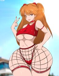 Rule 34 | 1girl, ass, blue eyes, breasts, choker, curvy, female focus, fishnets, highres, huge ass, large breasts, long hair, looking at viewer, medium breasts, neon genesis evangelion, pool, solo, souryuu asuka langley, thick thighs, thighs, thong, tight clothes, wide hips, zonen404