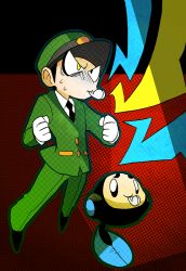 Rule 34 | 1boy, black eyes, black footwear, black necktie, blowing whistle, buttons, clenched hands, collared shirt, creatures (company), rail staff (pokemon), formal, full body, game freak, gen 5 pokemon, gloves, green headwear, green jacket, green outline, green pants, hands up, hat, jacket, lightning bolt symbol, male focus, minashirazu, mouth hold, necktie, nintendo, outline, pants, peaked cap, pokemon, pokemon (creature), pokemon bw, red background, shirt, shoes, standing, suit, sweat, turn pale, tympole, whistle, white gloves, white shirt, yellow eyes
