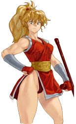 Rule 34 | 1girl, blonde hair, capcom, cowboy shot, final fight, final fight 2, genryuusai maki, gloves, grey eyes, hair between eyes, hand on own hip, highleg, highleg panties, highres, holding, holding weapon, long hair, looking at viewer, muscular, muscular female, oggy (oggyoggy), panties, ponytail, red gloves, serious, standing, street fighter, thighs, tonfa, transparent background, underwear, weapon