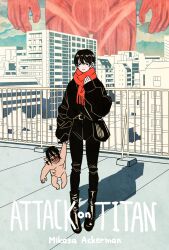 Rule 34 | 1girl, belt, belt buckle, black bag, black belt, black footwear, black hair, black pants, black sweater, boots, buckle, character name, city, cityscape, colossal titan, creature, full body, hair between eyes, highres, holding, holding creature, long sleeves, looking at viewer, mikasa ackerman, out of frame, outdoors, pants, puffy long sleeves, puffy sleeves, railing, red scarf, rogue titan, rooftop, scarf, shingeki no kyojin, short hair, sleeves past wrists, standing, sweater, takeuchi ryousuke, titan (shingeki no kyojin)