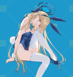Rule 34 | 1girl, animal ears, blonde hair, blue archive, blue bow, blue eyes, blue footwear, blue hair, bow, bowtie, breasts, detached collar, ear piercing, fake animal ears, fake tail, hair bow, halo, high heels, leotard, long hair, looking at viewer, medium breasts, piercing, playboy bunny, rabbit ears, signature, simple background, sitting, solo, tail, tautiki, thighhighs, toki (blue archive), toki (bunny) (blue archive), v, very long hair, white thighhighs, wrist cuffs