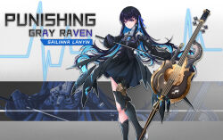 Rule 34 | 1girl, absurdres, black dress, black hair, blue hair, blue ribbon, bow (music), character name, colored inner hair, copyright name, dress, earrings, hair ribbon, highres, holding, holding bow (music), holding instrument, instrument, jewelry, long hair, long sleeves, mechanical arms, mechanical legs, miying (13975192760), multicolored hair, punishing: gray raven, purple eyes, ribbon, selena: tempest (punishing: gray raven), selena (punishing: gray raven), single mechanical leg