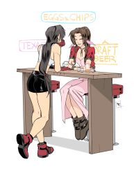 Rule 34 | 2girls, aerith gainsborough, ass, bangle, bar (place), bar stool, bare shoulders, black hair, black skirt, boots, bracelet, breasts, brown footwear, brown hair, buttons, choker, closed eyes, cropped jacket, cup, dress, drinking glass, female focus, final fantasy, final fantasy vii, final fantasy vii remake, full body, gloves, hair ribbon, head on hand, highres, jacket, jewelry, leaning on table, legs, long dress, long hair, looking at another, low-tied long hair, multiple girls, neon lights, parted bangs, parted lips, pink dress, pink ribbon, ponytail, red footwear, red gloves, red jacket, ribbon, shirt, short sleeves, shot glass, sign, sitting, skirt, smile, square enix, stool, thighs, tifa lockhart, vashperado, white background, white shirt