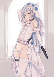 Rule 34 | 1girl, bad id, bad tumblr id, bee (deadflow), blush, breasts, bridal veil, collarbone, earrings, elbow gloves, girls&#039; frontline, gloves, grey hair, gun, handgun, highres, holding, holding gun, holding weapon, jewelry, long hair, looking at viewer, official alternate costume, panties, parted lips, pistol, side-tie panties, small breasts, solo, stud earrings, thighhighs, tokarev (a couple&#039;s journey) (girls&#039; frontline), tokarev (girls&#039; frontline), underwear, veil, weapon, white gloves, white panties, white thighhighs