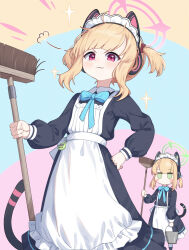 Rule 34 | 2girls, animal ear headphones, animal ears, apron, black dress, blonde hair, blue archive, blush, bucket, cat tail, closed mouth, dress, fake animal ears, frilled apron, frills, green eyes, green halo, halo, headphones, highres, holding, holding bucket, long sleeves, maid, maid apron, maid headdress, midori (blue archive), midori (maid) (blue archive), momoi (blue archive), momoi (maid) (blue archive), multiple girls, official alternate costume, pink halo, red eyes, short hair, siblings, sisters, smile, tail, teallysky, twins, white apron