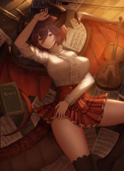 Rule 34 | 1girl, arm above head, arm across waist, book, bow (music), breasts, dragon girl, dragon horns, dragon tail, dragon wings, from above, granblue fantasy, grea (shingeki no bahamut), hair between eyes, horns, indoors, instrument, large breasts, looking at viewer, lying, manaria friends, miniskirt, on back, on floor, paper, pleated skirt, purple hair, red eyes, red skirt, rinmmo, sheet music, shingeki no bahamut, shirt, short hair, skirt, solo, spread wings, tail, thighhighs, thighs, torn clothes, torn shirt, torn sleeve, violin, white shirt, wings, zettai ryouiki