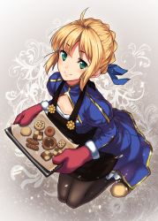 Rule 34 | 1girl, ahoge, apron, aqua eyes, artoria pendragon (all), artoria pendragon (fate), baking sheet, black pantyhose, blonde hair, blush, checkerboard cookie, cookie, fate/stay night, fate (series), food, kamome yuu, kneeling, oven mitts, pantyhose, saber (fate), short hair, slippers, smile, solo, tray