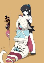 Rule 34 | 1boy, 3girls, bandages, black hair, black sclera, blue skin, blush, bow, breasts, cleavage, colored sclera, colored skin, elbow gloves, forked tongue, ghost, gloves, hair bow, harusame10000, hat, long hair, monster girl, multicolored hair, multiple girls, mummy, nail polish, orange background, original, pink hair, red eyes, simple background, standing, tongue, top hat, white hair