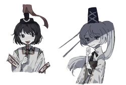 Rule 34 | 1girl, 1other, androgynous, black bow, black bowtie, black eyes, black hair, black hat, blue hat, bow, bowtie, chinese commentary, clenched hand, commentary request, cropped torso, detached sleeves, dot nose, eye of senri, green kimono, grey eyes, grey hair, hand on own arm, hand on own chin, hat, hat ribbon, holding rod, japanese clothes, kariginu, kimono, layered sleeves, len&#039;en, long hair, long sleeves, looking at viewer, mononobe no futo, ofuda, ofuda on clothes, open mouth, ponytail, red ribbon, ribbon, ribbon-trimmed sleeves, ribbon trim, senri tsurubami, short hair, simple background, smile, tate eboshi, teeth, touhou, upper teeth only, white background, white ribbon, white sleeves, wide sleeves, xingxunyou