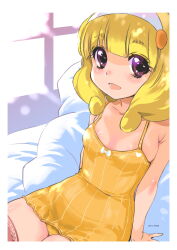 1girl blonde_hair border chemise dated dress flat_chest hairband highres inoue_sora kise_yayoi long_hair no_bra on_bed panties precure purple_eyes sitting smile_precure! solo thighhighs underwear white_border white_hairband yellow_panties