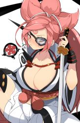 Rule 34 | 1girl, artist name, baiken, breasts, cleavage, collarbone, commentary, english commentary, eyepatch, facial mark, forehead mark, guilty gear, guilty gear strive, highres, holding, holding sword, holding weapon, japanese clothes, jellcaps, katana, large breasts, long hair, looking at viewer, pink hair, simple background, sitting, solo, sword, weapon, white background