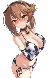 Rule 34 | 1girl, animal ears, animal print, arm under breasts, ass, bell, blush, breasts, brown hair, cleavage, closed mouth, collar, collarbone, cow ears, cow horns, cow print, cowbell, green eyes, hair between eyes, hand on thigh, highres, horns, kantai collection, large breasts, looking at viewer, mutsu (kancolle), neck bell, panties, short hair, side-tie panties, simple background, solo, thighhighs, underwear, utsumi karmin, white background