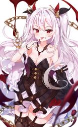 Rule 34 | 1girl, absurdres, azur lane, bare shoulders, bat wings, belt, black dress, blood, blurry, blush, breasts, brown thighhighs, chain, cleavage, collarbone, cowboy shot, depth of field, detached sleeves, dress, finger to mouth, garter straps, hair ornament, highres, long hair, long sleeves, looking at viewer, medium breasts, nail polish, red eyes, red nails, reel (riru), simple background, slit pupils, solo, standing, strapless, strapless dress, thighhighs, tongue, tongue out, two side up, underbust, v-shaped eyebrows, vampire (azur lane), vampire (night princess&#039;s regalia) (azur lane), white background, white hair, wings, zettai ryouiki
