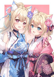 Rule 34 | 2girls, animal ear fluff, animal ears, belt, black collar, black sash, blonde hair, blue belt, blue eyes, blue hair, blue kimono, blush, breasts, collar, dog ears, dog girl, floral print kimono, fuwawa abyssgard, fuwawa abyssgard (new year), hololive, hololive english, japanese clothes, kimono, large breasts, long hair, looking at viewer, mococo abyssgard, mococo abyssgard (new year), multicolored hair, multiple girls, obi, official alternate costume, pink belt, pink eyes, pink hair, pink kimono, ponytail, sash, sebu illust, short hair, siblings, sisters, sleeves past fingers, sleeves past wrists, smile, spiked collar, spikes, streaked hair, twins, twintails, virtual youtuber