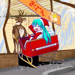 Rule 34 | 1girl, animal, aqua hair, banner, blue outline, broken glass, broken window, christmas, closed eyes, commentary, crash, dress, facing viewer, failure, food print, fur-trimmed dress, fur-trimmed headwear, fur trim, gapinelu, glass, harness, hat, hatsune miku, long hair, nervous smile, open mouth, outline, pom pom (clothes), red dress, red hat, reindeer, sack, santa costume, santa hat, scratching head, shop, sitting, sleigh, smile, solo, sweat, translated, twintails, vocaloid, window