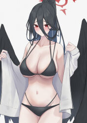 Rule 34 | 1girl, alternate costume, bare shoulders, bikini, black bikini, black feathers, black hair, black wings, blue archive, blush, breasts, cardigan, cleavage, closed mouth, collarbone, feathers, halo, haro art, hasumi (blue archive), high ponytail, highres, large breasts, long hair, looking at viewer, navel, open cardigan, open clothes, raised eyebrows, red eyes, sideboob, simple background, solo, stomach, sweatdrop, sweater, swimsuit, underboob, very long hair, white background, white sweater, wings