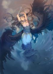 Rule 34 | 1girl, albedo (overlord), arms up, black hair, black wings, demon horns, detached collar, dress, feathered wings, floating hair, hair between eyes, highres, horns, jujumaho (nanigaxila), overlord (maruyama), partially submerged, ripples, signature, sky, slit pupils, water, white dress, wings, yellow eyes
