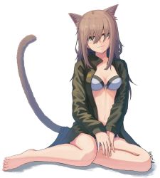 Rule 34 | 1girl, amekaze yukinatsu, animal ears, bad id, bad pixiv id, barefoot, bikini, blue bikini, blush, breasts, brown hair, cat ears, cat tail, cleavage, full body, green eyes, hair over face, head tilt, highres, jacket, long hair, looking at viewer, medium breasts, navel, original, own hands together, signature, simple background, sitting, smile, solo, swimsuit, tail, white background